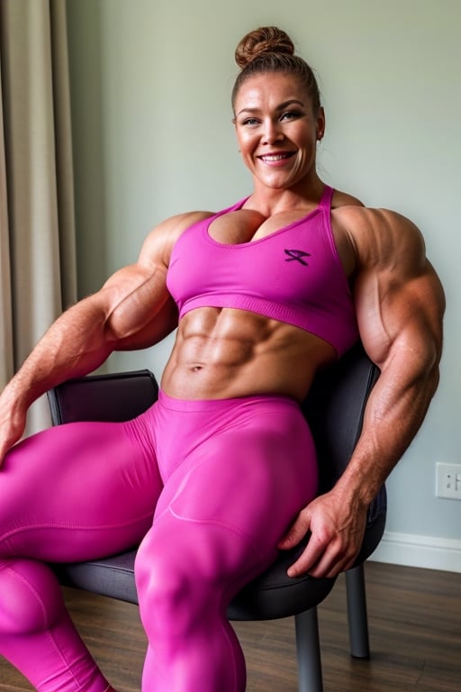 1girl, 1 female, Rondac Rousey, , valerie Adams, heavily muscled
iffb pro female bodybuilder,masterpiece
best quality, 1girl, vpl, button up shirt, pink oil
glossy compression leggings, risque, smirk,
biceps, leaning back in chair,breasts