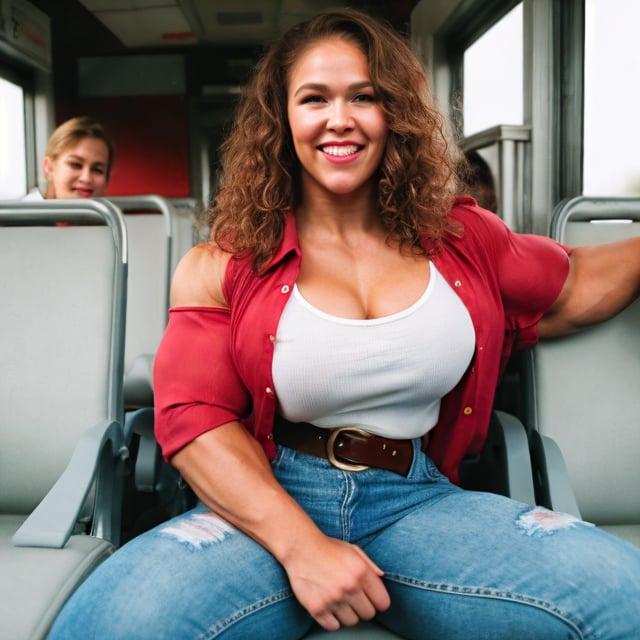 A heavily muscled iffb pro female bodybuilder, Ronda Rousey, portrait, face portrait, brown skin, smiling, red lips, full lips, chubby, voluptuous woman, brown hair, curly hair, glasses, button-down blouse, white blouse, belt, long jeans, sitting on the bus.