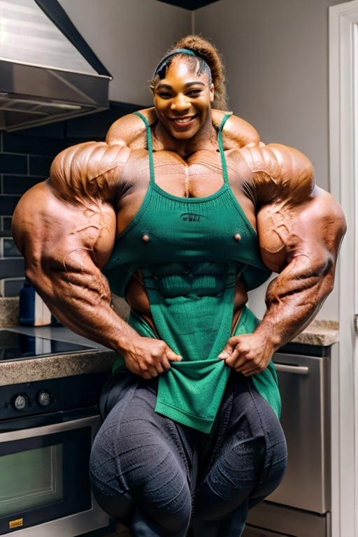 2girls, Serena Williams,  extremely large ( Queen ), A heavily muscled iffb pro female bodybuilder,  exaggerated huge muscles,  humongous chest, a beauty photo of 5-volt,wearing red sweater, yellow apron, green pants,  viewed from above, looking at viewer, smiling, happy,  
indoors, kitchen, soft natural lighting, extreme detail, hdr,