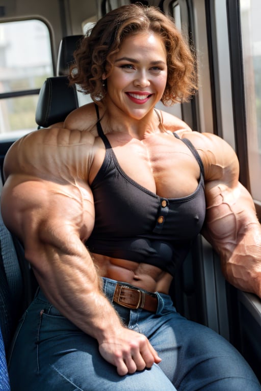 A heavily muscled iffb pro female bodybuilder, Ronda Rousey, portrait, face portrait, brown skin, smiling, red lips, full lips, chubby, voluptuous woman, brown hair, curly hair, glasses, button-down blouse, white blouse, belt, long jeans, sitting on the bus.