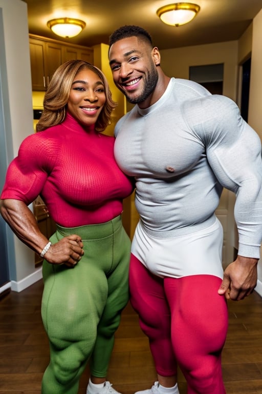 2girls, Serena Williams,  extremely large ( Queen ), A heavily muscled iffb pro female bodybuilder,  exaggerated huge muscles,  humongous chest, a beauty photo of 5-volt,wearing red sweater, yellow apron, green pants,  viewed from above, looking at viewer, smiling, happy,  
indoors, kitchen, soft natural lighting, extreme detail, hdr,
