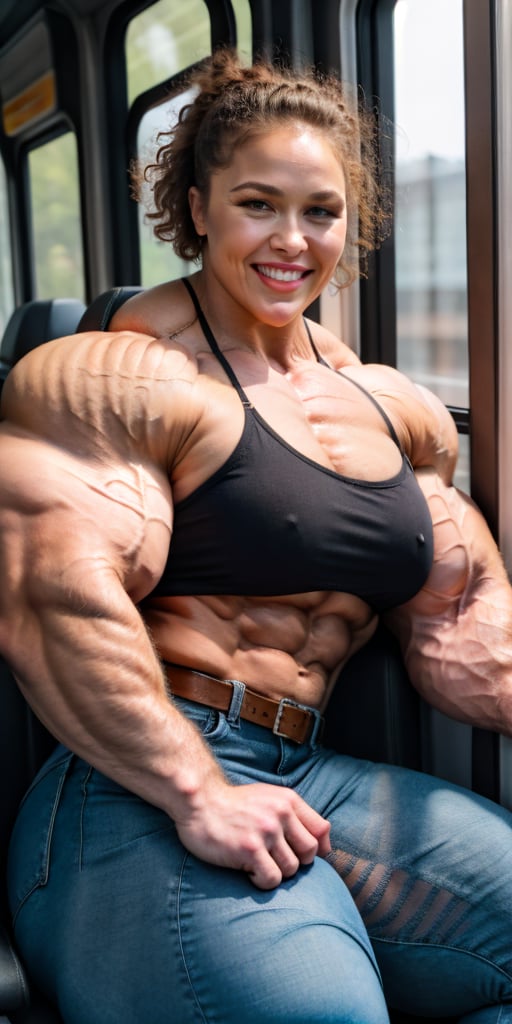 A heavily muscled iffb pro female bodybuilder, Ronda Rousey, portrait, face portrait, brown skin, smiling, red lips, full lips, chubby, voluptuous woman, brown hair, curly hair, glasses, button-down blouse, white blouse, belt, long jeans, sitting on the bus.