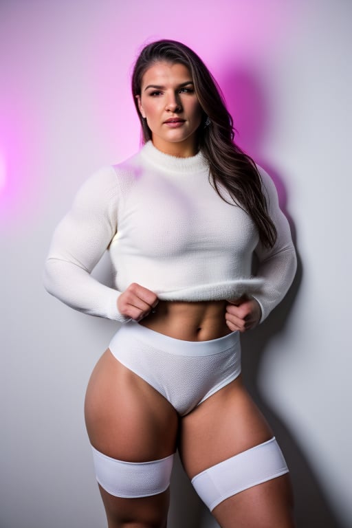  Covered in tattoos,   22 year old Gina Carano, Generate a full length fashion portrait of a heavily muscled iff pro female bodybuilder , her makeup, hair, she is dressed in a tight fluffy woolen sweater, white lycra cycling shorts,, white knee high socks, lighting, environment,  lit wall background 