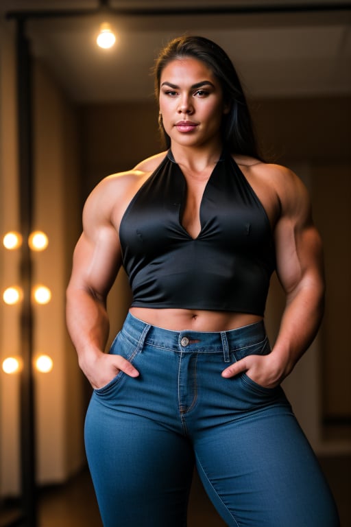 A heavily muscled iffb pro female bodybuilder, a RAW photo, portrait of Liz Cambage , wearing black satin blouse, jeans, simple background, model shot, cinematic shot, volumetric lighting, detailed eyes and face, magnificent, epic, sharp focus, dlsr, rim lights, blurry background, best quality, highly detailed, masterpiece, 8k, 