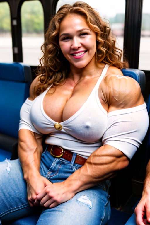 A heavily muscled iffb pro female bodybuilder, Ronda Rousey, portrait, face portrait, brown skin, smiling, red lips, full lips, chubby, voluptuous woman, brown hair, curly hair, glasses, button-down blouse, white blouse, belt, long jeans, sitting on the bus.,fmg