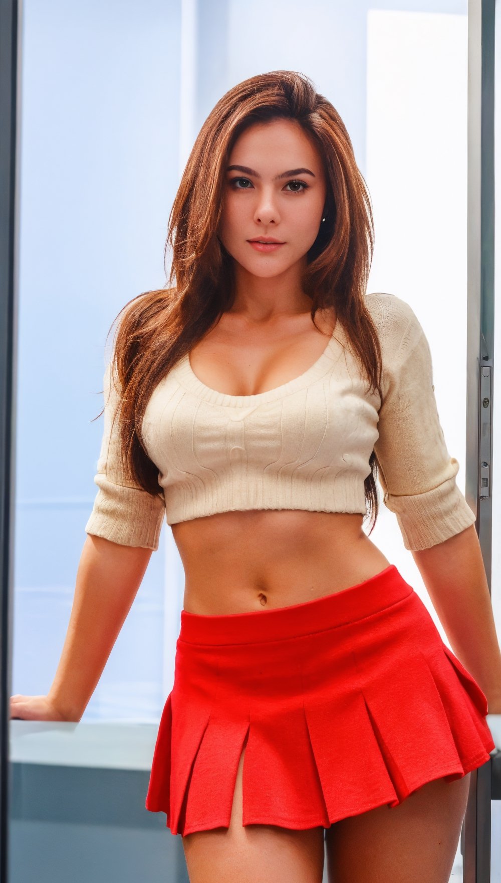 Beautiful woman with long brown hair, 24 years old, well-built, has a mole above her lip, ideally wearing a tenis outfit,  buzz, sharp looks, high quality photography, street cinema,open chest sweater,wul4n,m3shm3dus4,micro miniskirt,Pectoral Focus,against glass