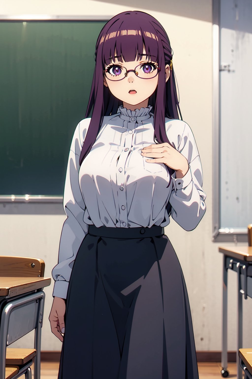 1girl, seifuku, tight, school girl, classroom, long skirt, glasses,