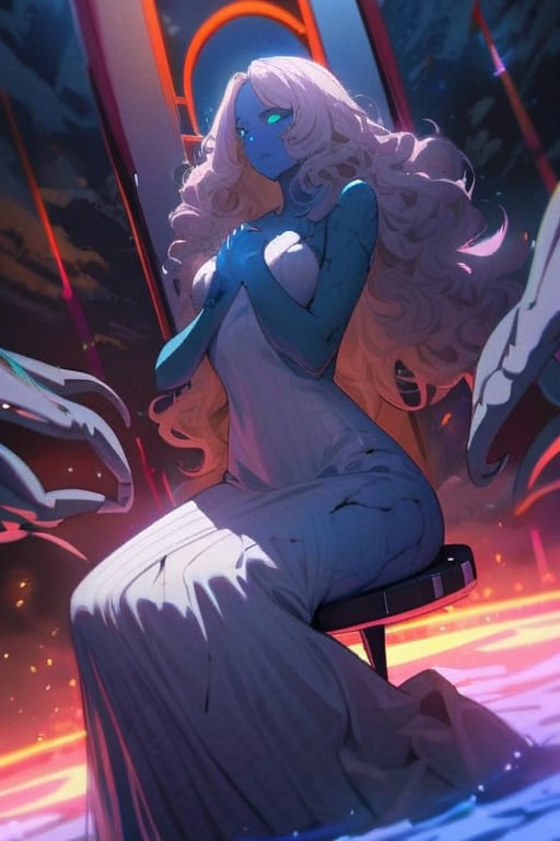 Highly detailed, High Quality, Masterpiece, beautiful, solo, 1girl, ExtraFacesRanni, Ranni, wavy hair, blue skin, cracked skin, long dress, , starry, strry light, night, colorful, cloud, star \(sky\), ((Ranni)),Sitting on a chair,(4 arms),clasping own hands,hand between legs