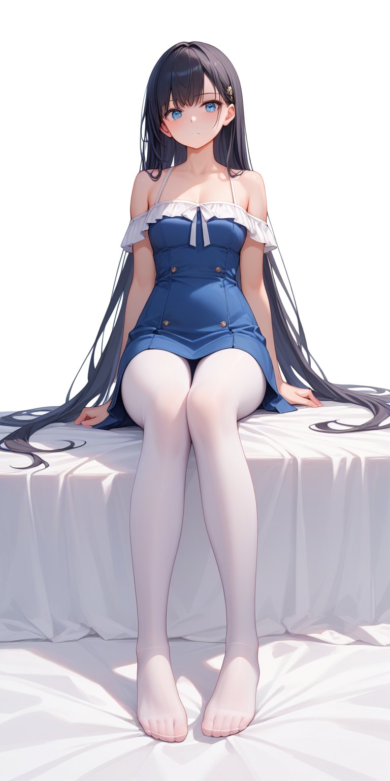 score_9, score_8_up, score_7_up, score_6_up, score_5_up, score_4_up,source_anime,

masterpiece, newest, Highly detailed, 1girl, Off the shoulders, sitting, arms at sides, long hair, white pantyhose, no shoes, black hair, White background, facing the viewer,(full body)