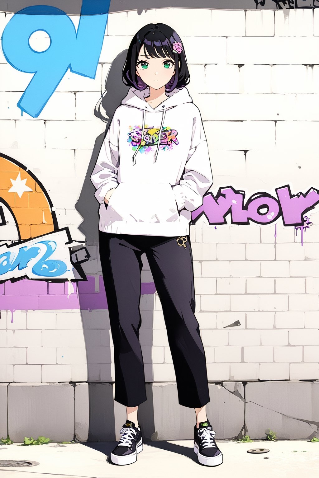 mature woman looking at the viewer, black hair with purple tips, green eyes, graffiti, full body, noon, masterpiece, wallpaper, Sticker, ,yor briar,black hair