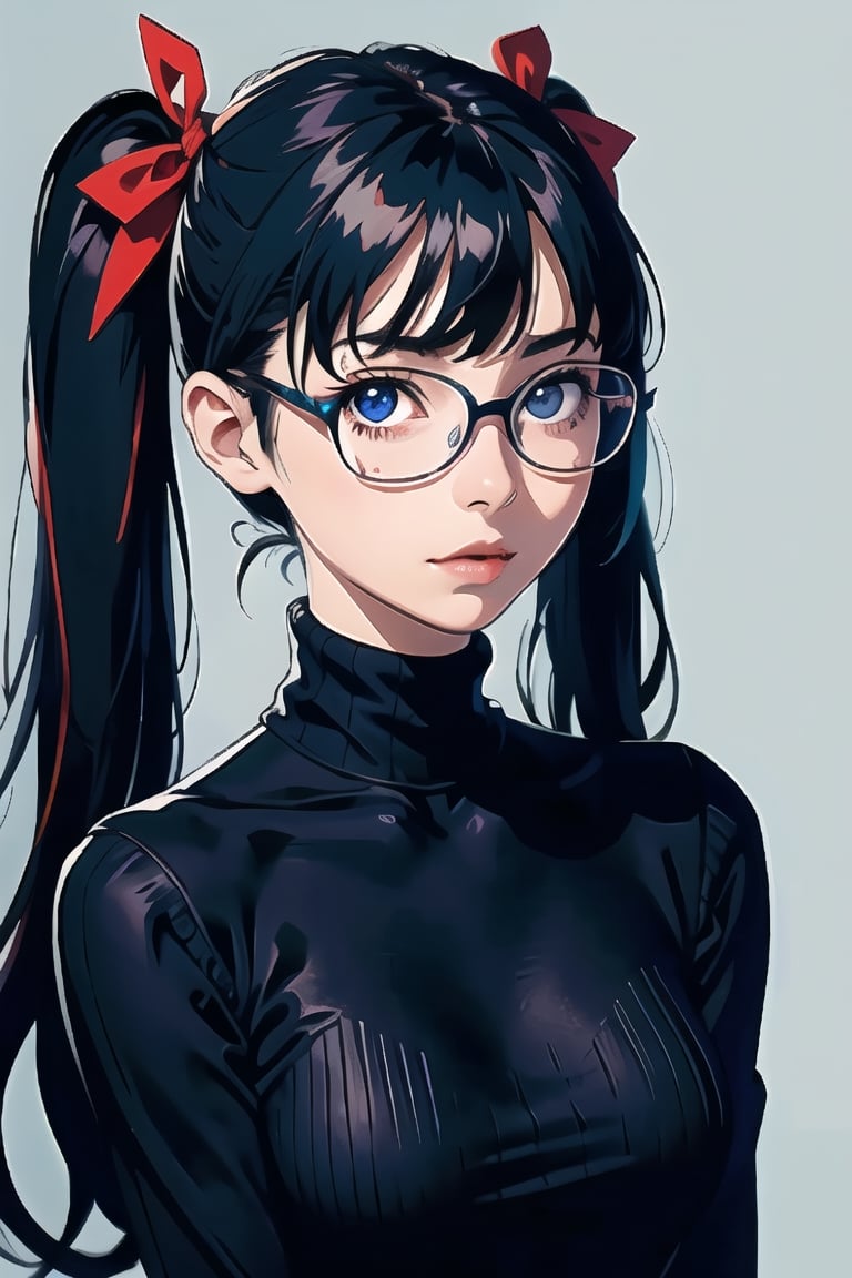 1girl, Mari Illustrious Makinami from neon genesis evangelion, wearing glasses, solo, long hair, sweater, looking at viewer, blue background, black hair, simple background, two side up, turtleneck, blue eyes, lips, closed mouth, ribbon, hair ribbon, bangs, turtleneck sweater, upper body, parted bangs, black ribbon, ribbed sweater, twintails, nose, high_resolution, high quality