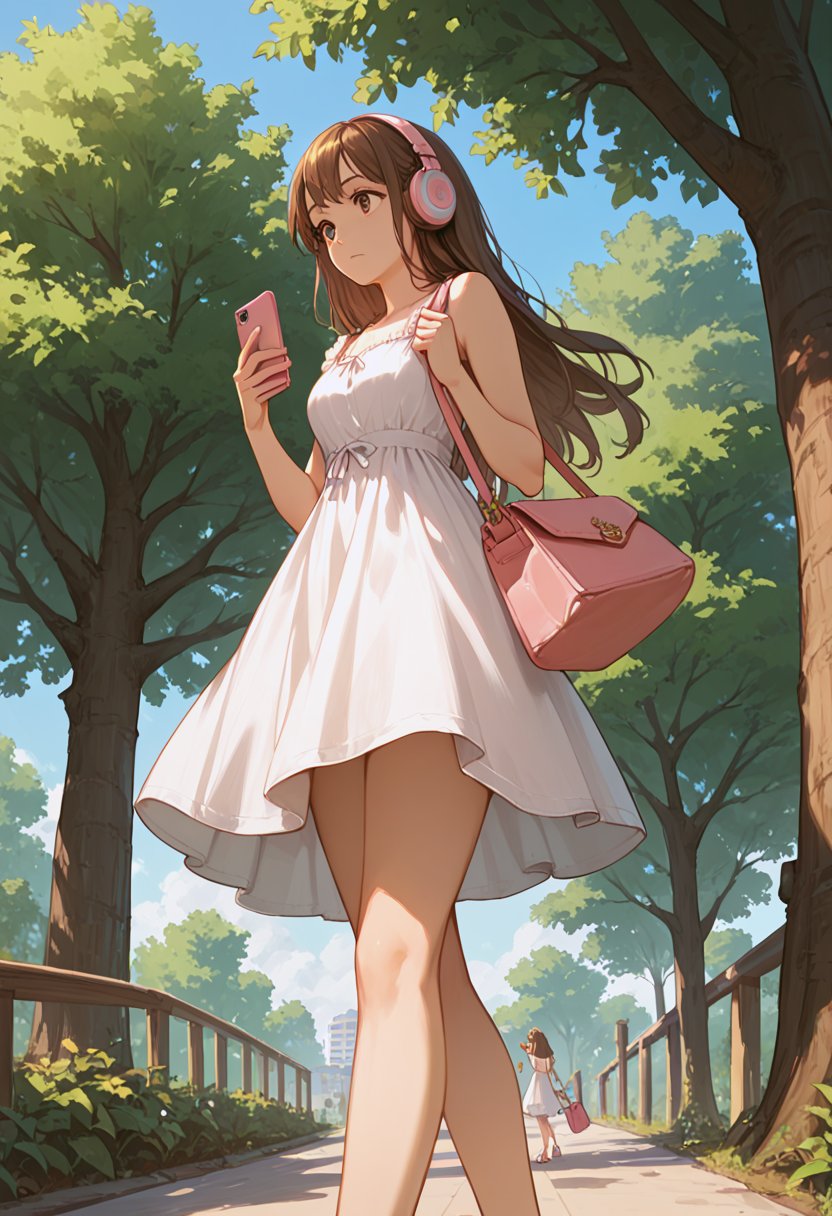 score_9, score_8_up, score_7_up, score_6_up, score_5_up, score_4_up,

From below, 1girl, long hair, brown hair, dress, bag, tree, legs, headphones, phone, mobile phone, smartphone, handbag, sundress