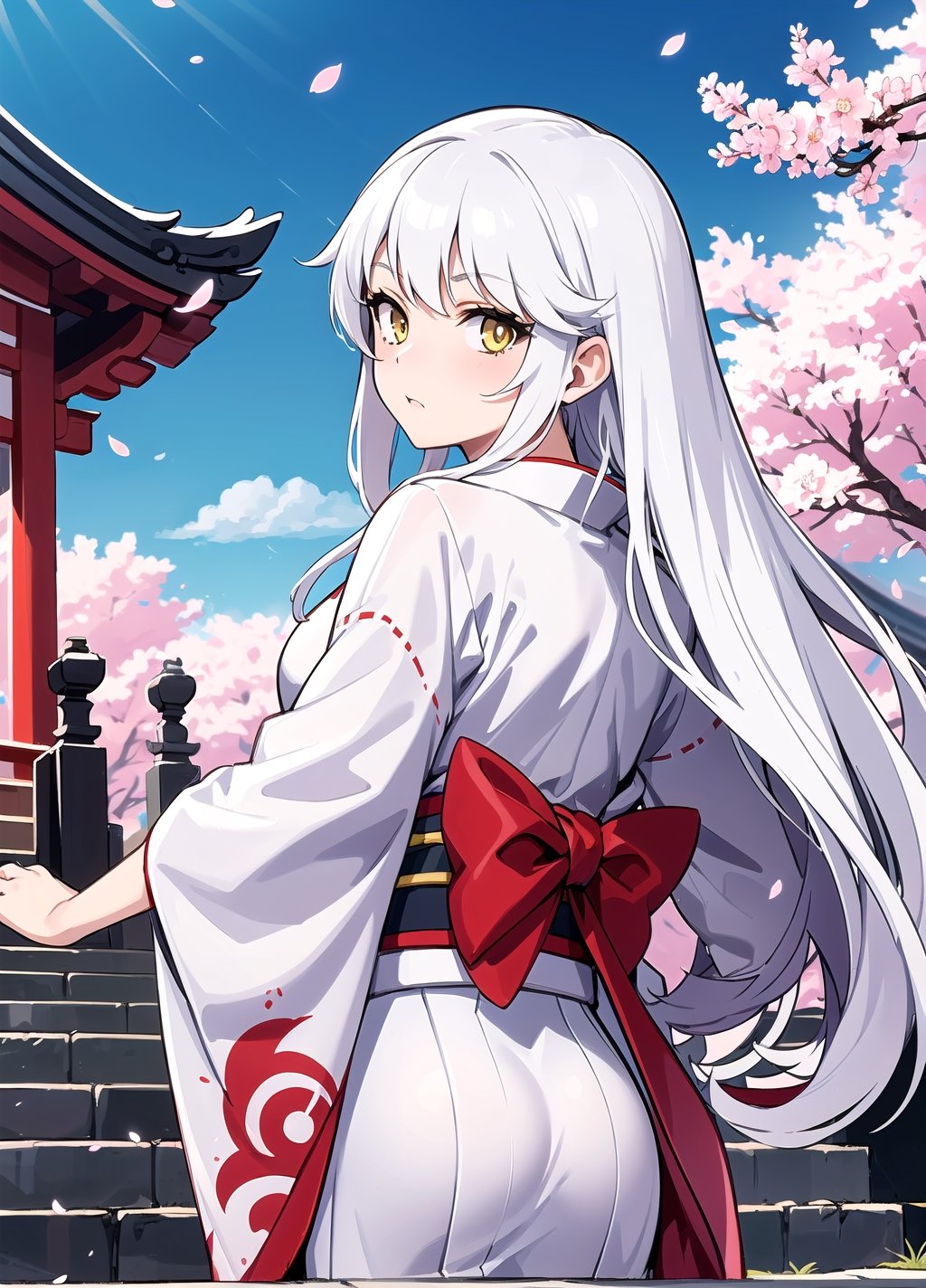 masterpiece, best quality, 1girl, ryuko matoi, yellow eyes, long hair, white hair, tree, stairs, standing, kimono, sky, cherry blossoms, temple, looking at viewer, upper body, from below, looking back,