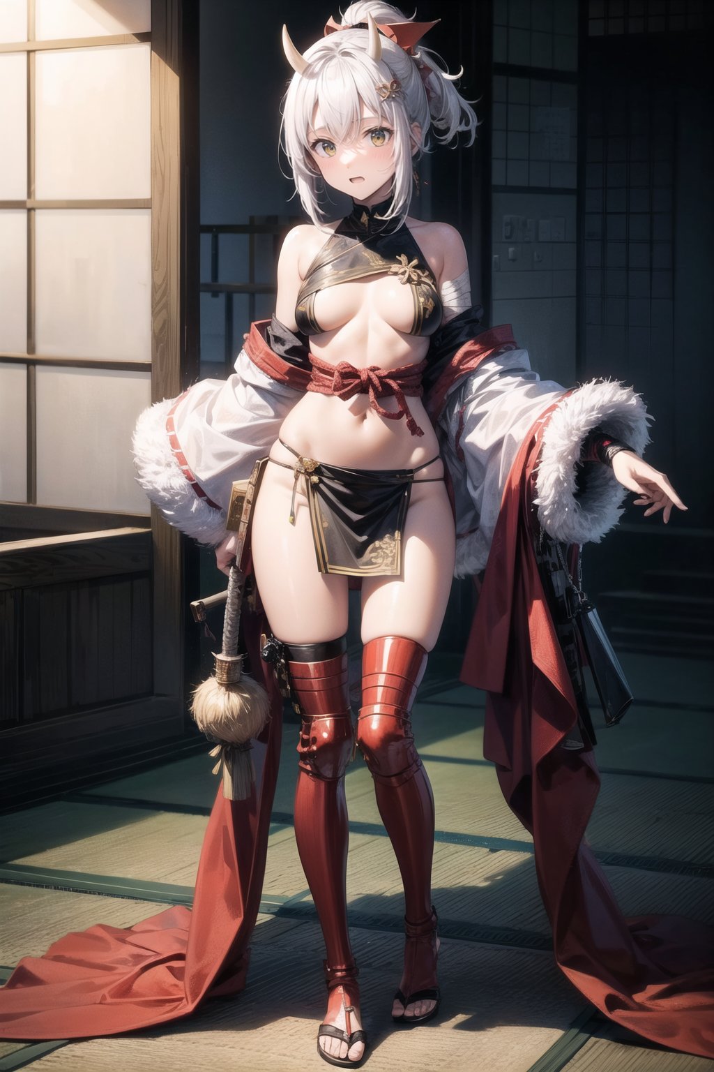 主：(medivial japan in war),((Full body image)),(((standing))),
人：1girl, ((samurai armor)), ((oni girl)), (((red skin))), ((yellow eyes)
體：Beautiful girly body proportions,smaller body frame,
髮：(short hair),
服：dark scene, dynamic lighting, sexy pose, sadistic, ((bandaged breast)), (small breast),hotaru shidare,asuka,portrait