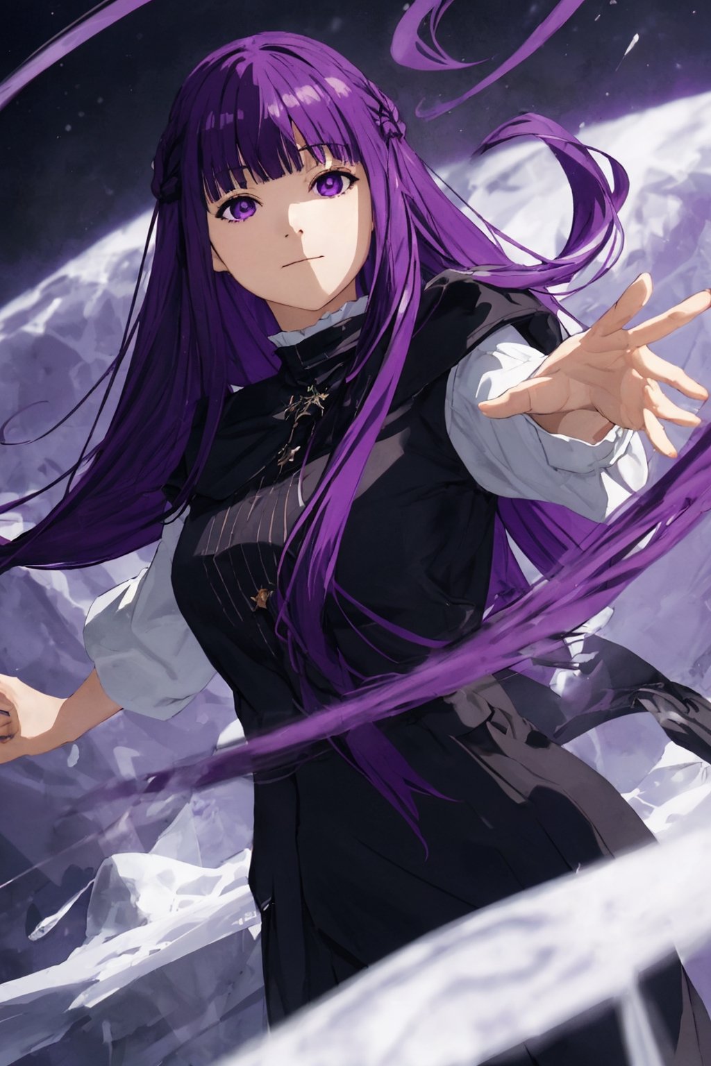 masterpiece , (dynamic pose), (slightly smiling with closed mouth), ( Fern, long hair, bangs, purple eyes, purple hair, sidelocks, blunt bangs,),((no gravity , floating in the air)), (holding a small black hole), frost and ice, snow_crystal_background, Fern