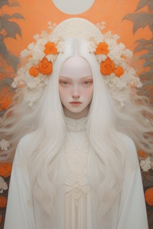 Create an artwork of a person with long, flowing hair intertwined with an array of white and orange flowers, wearing a garment that harmonizes with the botanical surroundings. The overall atmosphere should evoke an ethereal and dreamlike essence.
