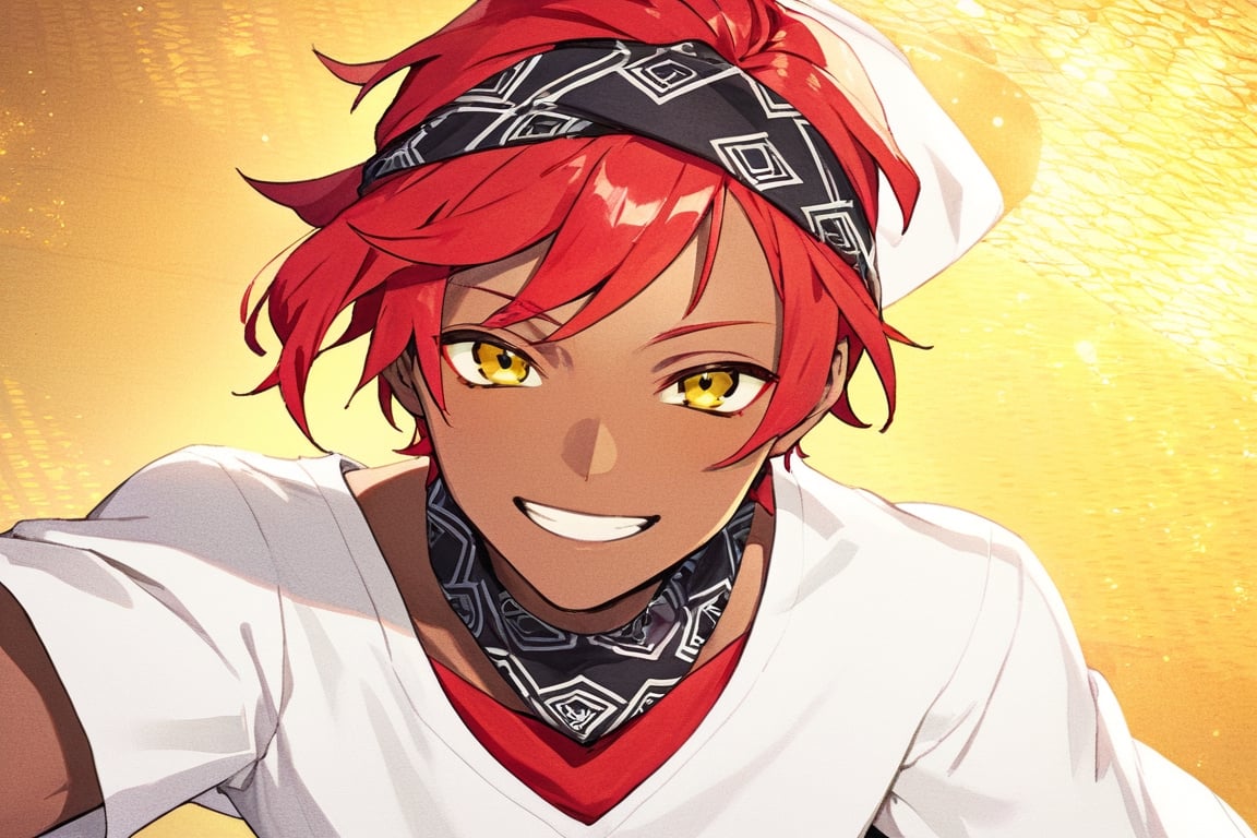 solo, looking at viewer, smile, 1boy, yellow eyes, male focus, red hair, dark skin, dark-skinned male, bandana, fake screenshot