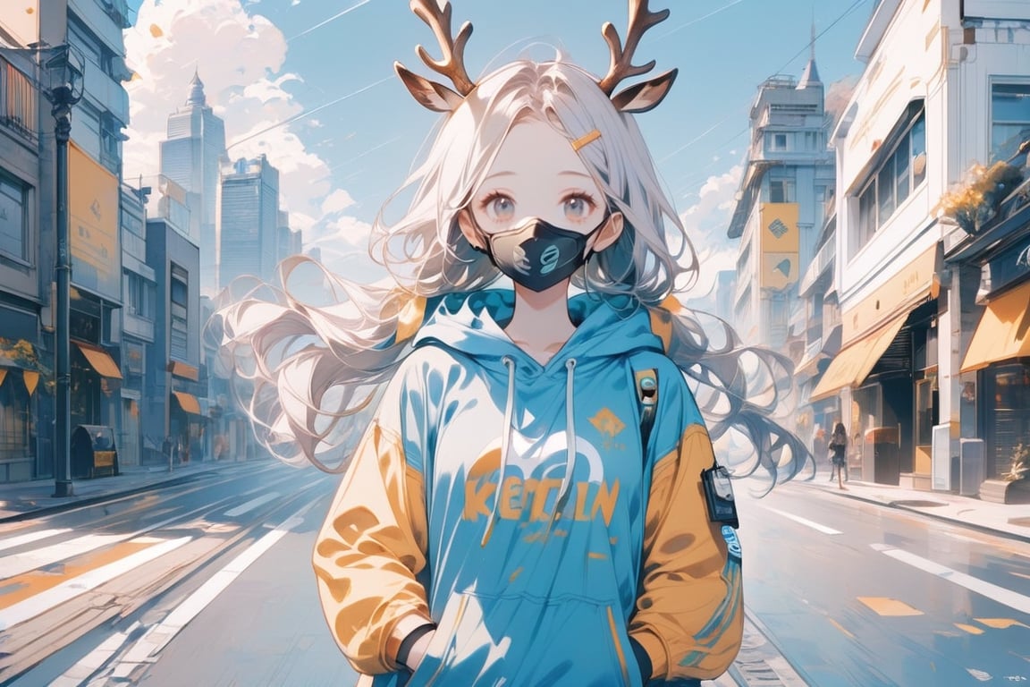 1girl, solo, long hair, looking at viewer, long sleeves, twintails, green eyes, standing, jacket, upper body, white hair, outdoors, horns, day, hood, hoodie, mask, hood down, building, clothes writing, forehead, city, hands in pockets, mouth mask, drawstring, road, antlers, street