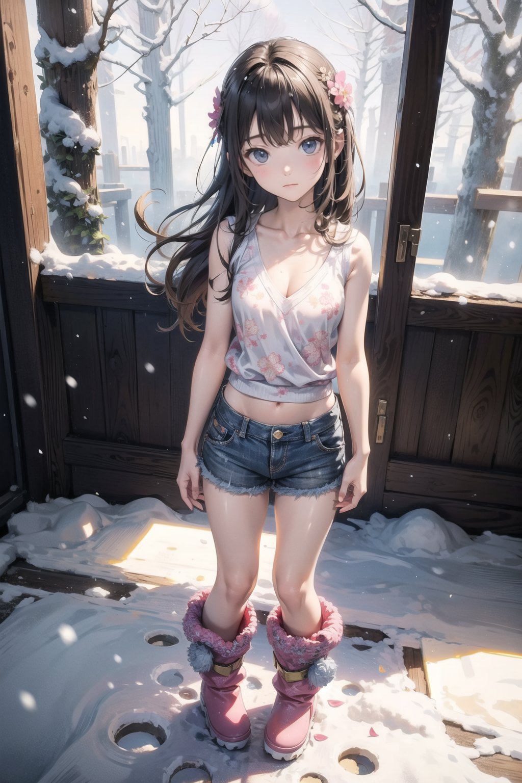 主：(foggy woods),((Full body image)),(((standing))),
人：1litte 1kid 7yo gril (Child:1.2),
體：Beautiful girly body proportions,smaller body frame,
髮：(long hair),
服：(((Low-cut collarless and sleeveless sweater with floral pattern))),(((Sheer sleeveless sweater))),(((deep V low neckline))),(very short denim hot pants),(((snow boots))),