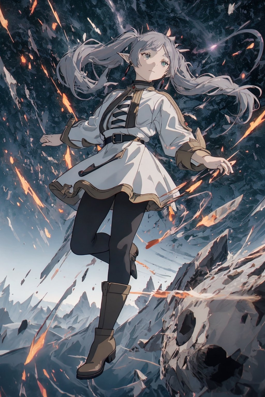 masterpiece , (dynamic pose), (slightly smiling with closed mouth), ( frieren, green eyes, grey hair, parted bangs, long hair, twintails, pointy ears, dangle earrings, black pantyhose, brown boots ),((no gravity , floating in the air)), (holding a small black hole), frieren, frost and ice, snow_crystal_background