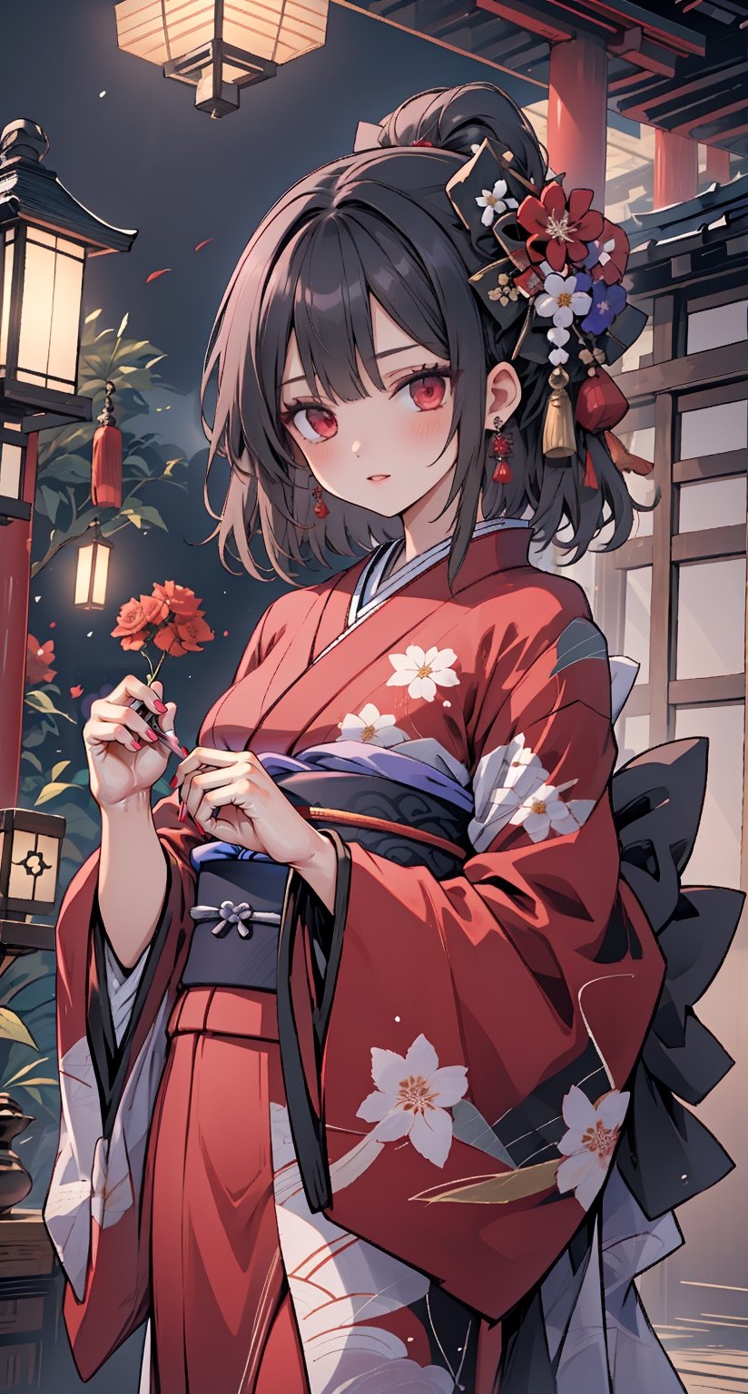 1girl, solo, long hair, looking at viewer, bangs, black hair, hair ornament, red eyes, long sleeves, holding, jewelry, flower, earrings, japanese clothes, hair flower, wide sleeves, kimono, nail polish, sash, floral print, red flower, tassel, red nails, red kimono
