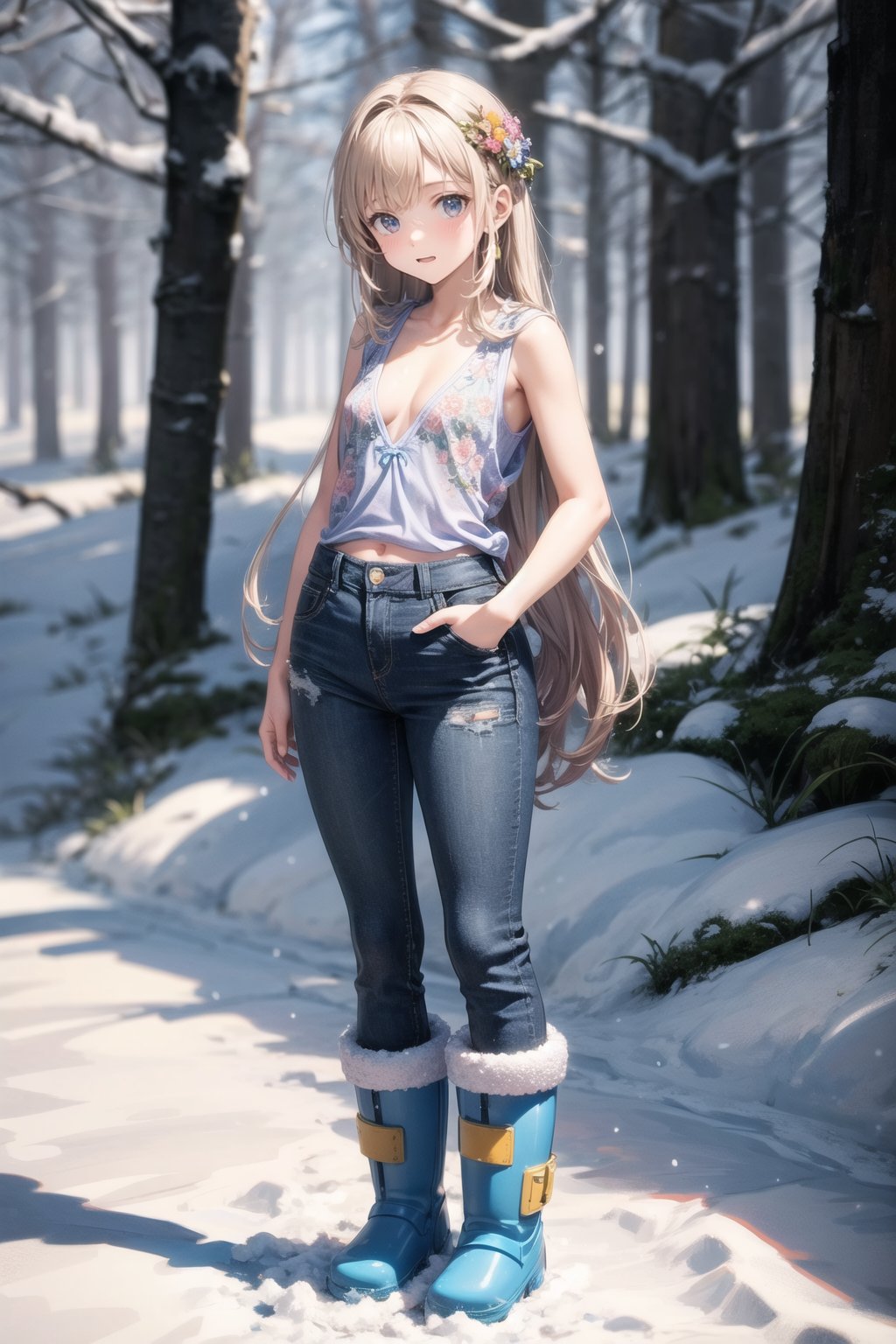 主：(foggy woods),((Full body image)),(((standing))),
人：1litte 1kid 7yo gril (Child:1.2),
體：Beautiful girly body proportions,smaller body frame,
髮：(long hair),
服：(((Low-cut collarless and sleeveless sweater with floral pattern))),(((Sheer sleeveless sweater))),(((deep V low neckline))),(very short denim hot pants),(((snow boots))),