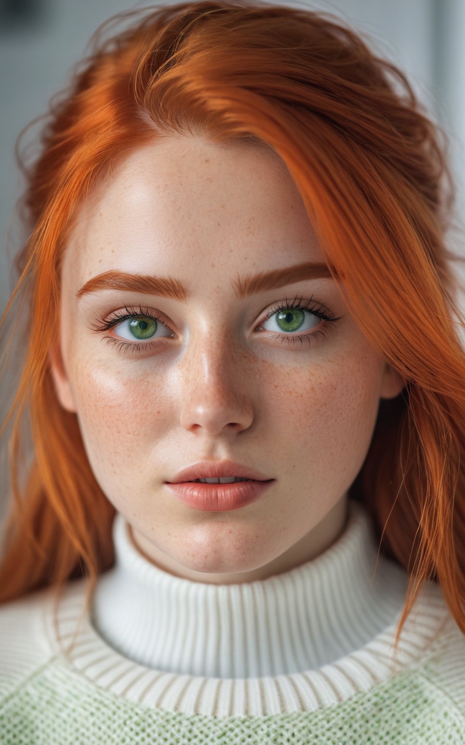 (best quality, 4k, 8k, highres, masterpiece:1.2), ultra-detailed, photorealistic, photography, 1girl, solo, long hair, looking at viewer, green eyes, orange hair, blurry, sweater, lips, eyelashes, blurry background, portrait, freckles, realistic, white sweater