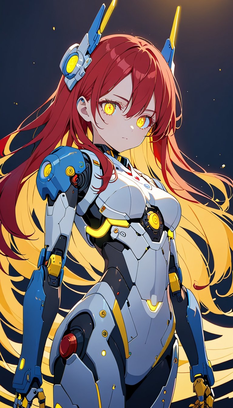 A cute girl,cyborg,yellow glow eyes ,red long hair,cowboy shot, robot joints,yellow shine eyes,blue headgear,masterpiece, best quality, aesthetic,(floating wave),blue Mechanical sense,art illustration,flat color,colorful shadow art, shadow silhouette