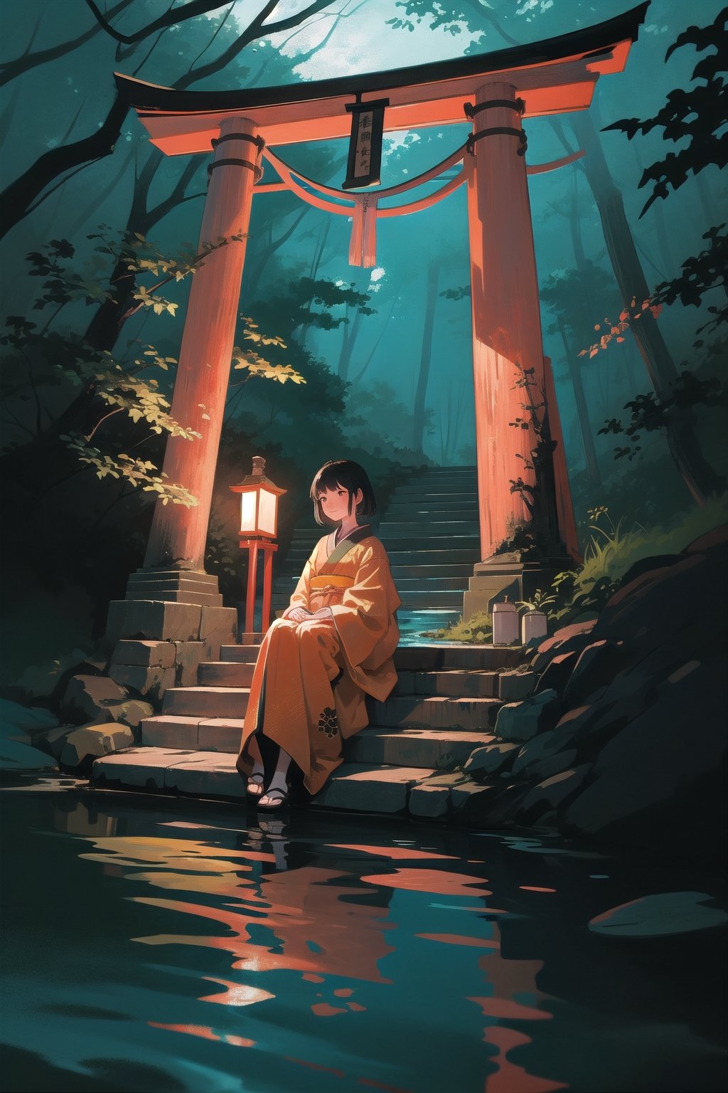1girl sitting in front of a torii, in the jungle, best quality, black hair, mist, kimono, moss, tree log, scenery, rainforest, vibrant color, low angle shot, vibrant color, cinematic lighting, calm, serenity, Japanese shrine, sitting, wood bridge, stairs, reflections, blue water pond, feet in water, shrine candles lights, atmospheric,