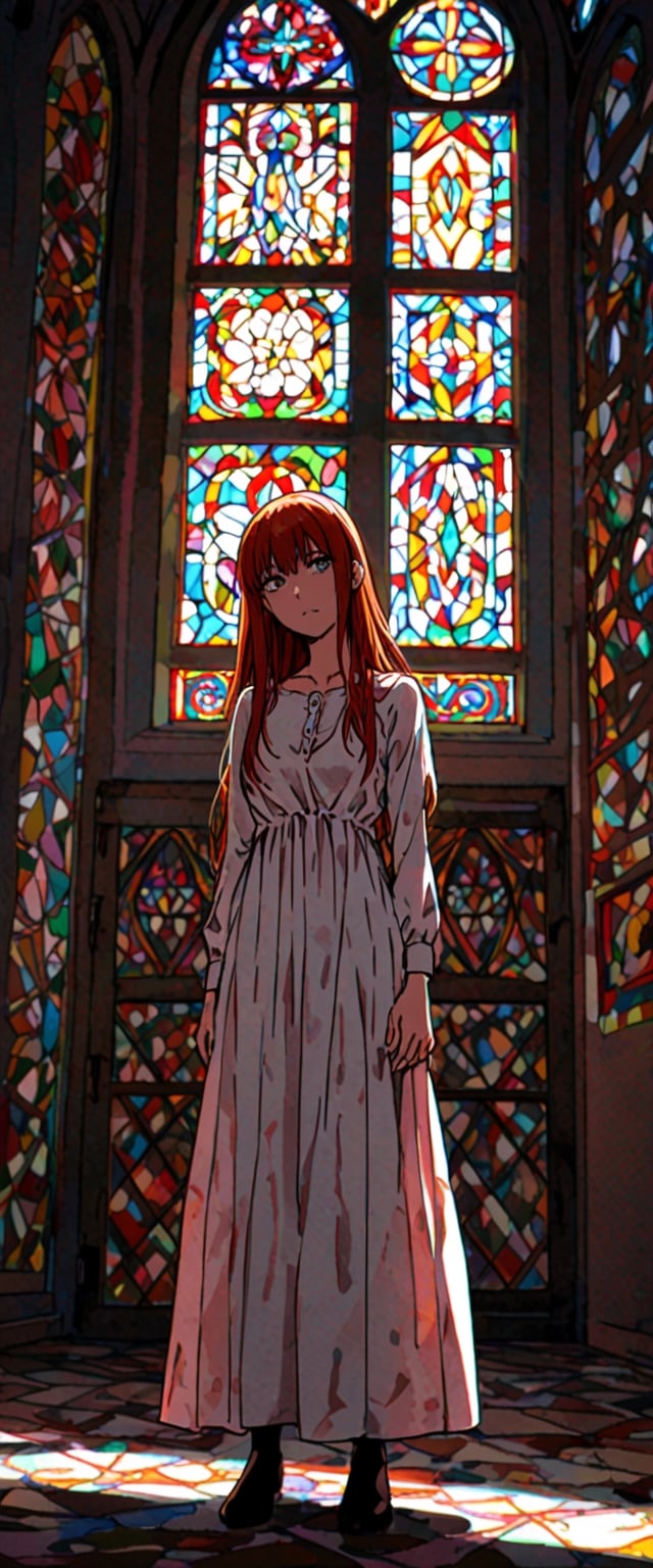 1girl, solo, long hair, dress, standing, indoors, window, shadow, stained glass, (makima)/chainsaw man/