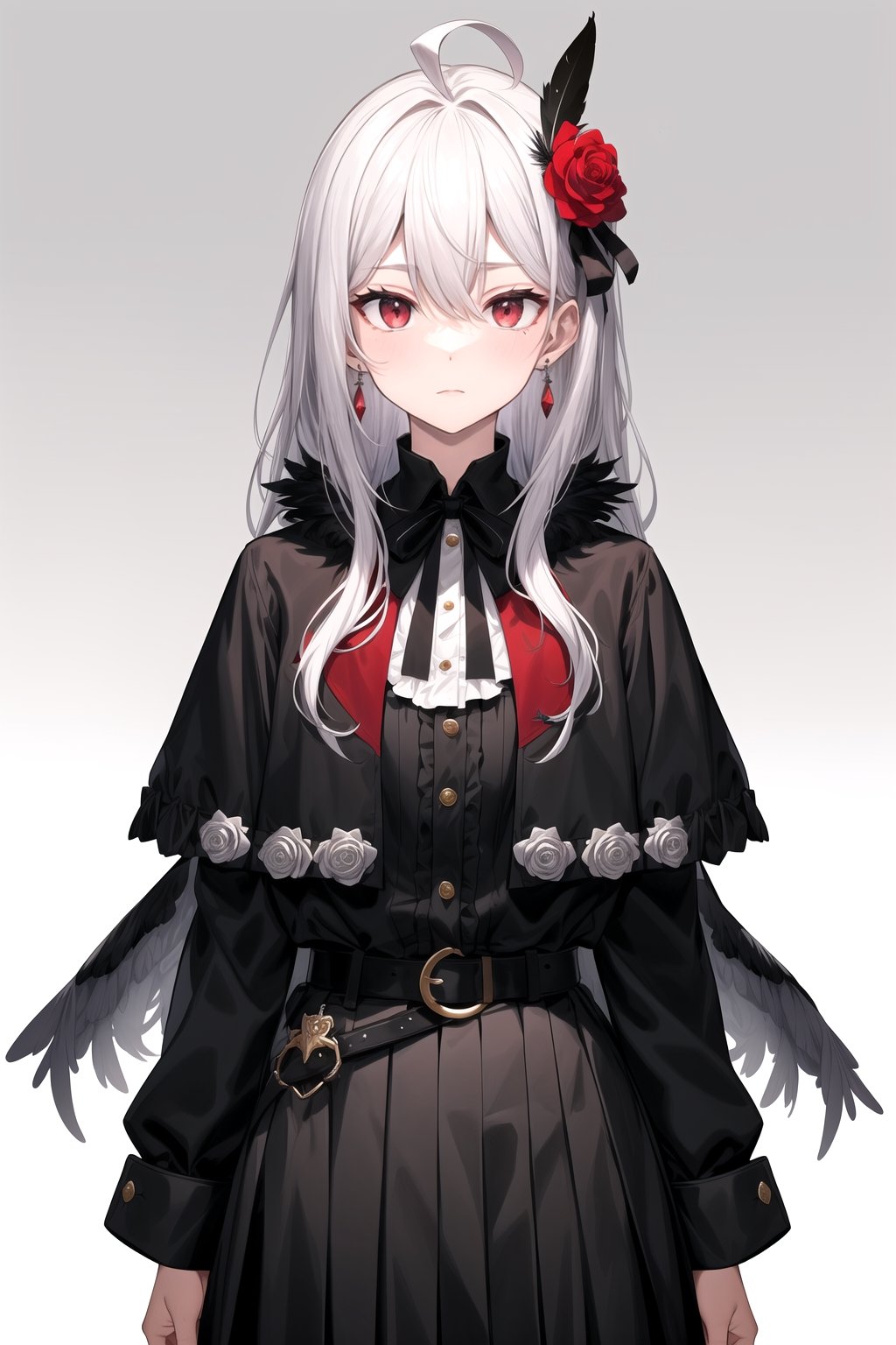 1girl, solo, long hair, looking at viewer, bangs, skirt, simple background, shirt, hair ornament, red eyes, long sleeves, white background, ribbon, hair between eyes, jewelry, closed mouth, jacket, flower, ahoge, grey hair, cowboy shot, earrings, frills, belt, hair flower, grey background, mole, black jacket, gradient, gradient background, mole under eye, black ribbon, neck ribbon, capelet, rose, expressionless, feathers, brooch, red flower, gem, red rose, arms at sides, feather hair ornament, black capelet, red gemstone