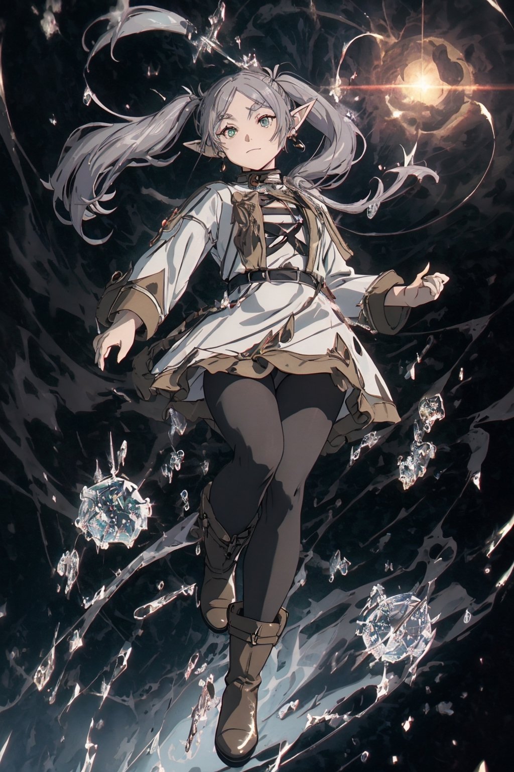 masterpiece , (dynamic pose), (slightly smiling with closed mouth), ( frieren, green eyes, grey hair, parted bangs, long hair, twintails, pointy ears, dangle earrings, black pantyhose, brown boots ),((no gravity , floating in the air)), (holding a small black hole), frieren, frost and ice, snow_crystal_background
