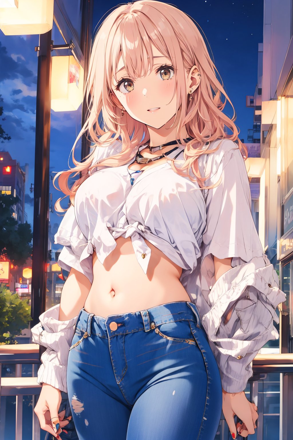 Girl, (wavy hair),  top blouse, neckline, belly button, jeans, soft smile, city, night, ,scandal tomomi