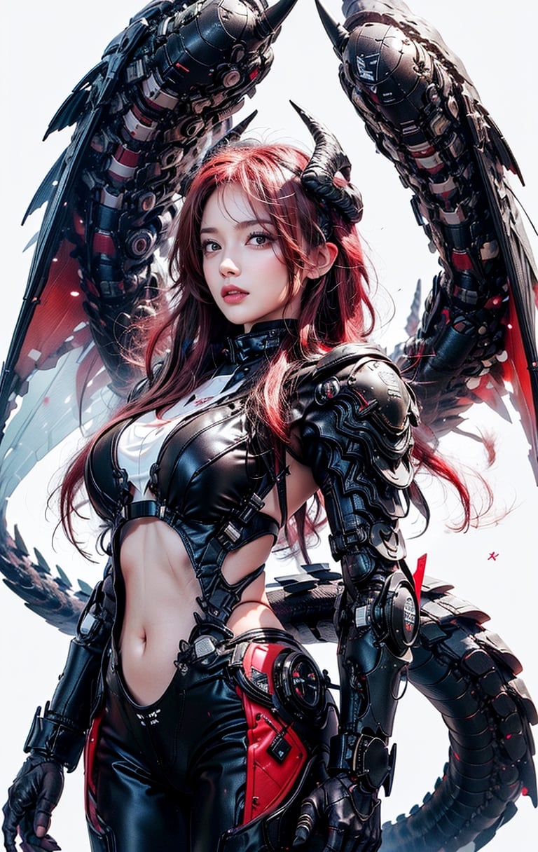 1girl, korean girl, big eyes, ((red hair)), solo break, ((big natural breasts)), masterpiece, best quality, highres, (multicolored hair:1.1), beautiful face, clas, awesome pose, ((black sexy tech bikini)), SilverWolfV5, urban techwear, ((half body view)),dragon ear,wrenchsmechs