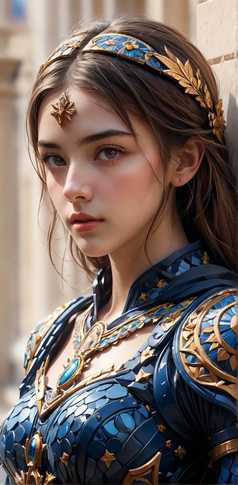 Byzantine Mosaics of a girl. (masterpiece, top quality, best quality, official art, beautiful and aesthetic:1.2), (1girl:1.4), portrait, extreme detailed, highest detailed, simple background, 16k, high resolution, perfect dynamic composition, bokeh, (sharp focus:1.2), super wide angle, high angle, high color contrast, medium shot, depth of field, blurry background,,itacstl