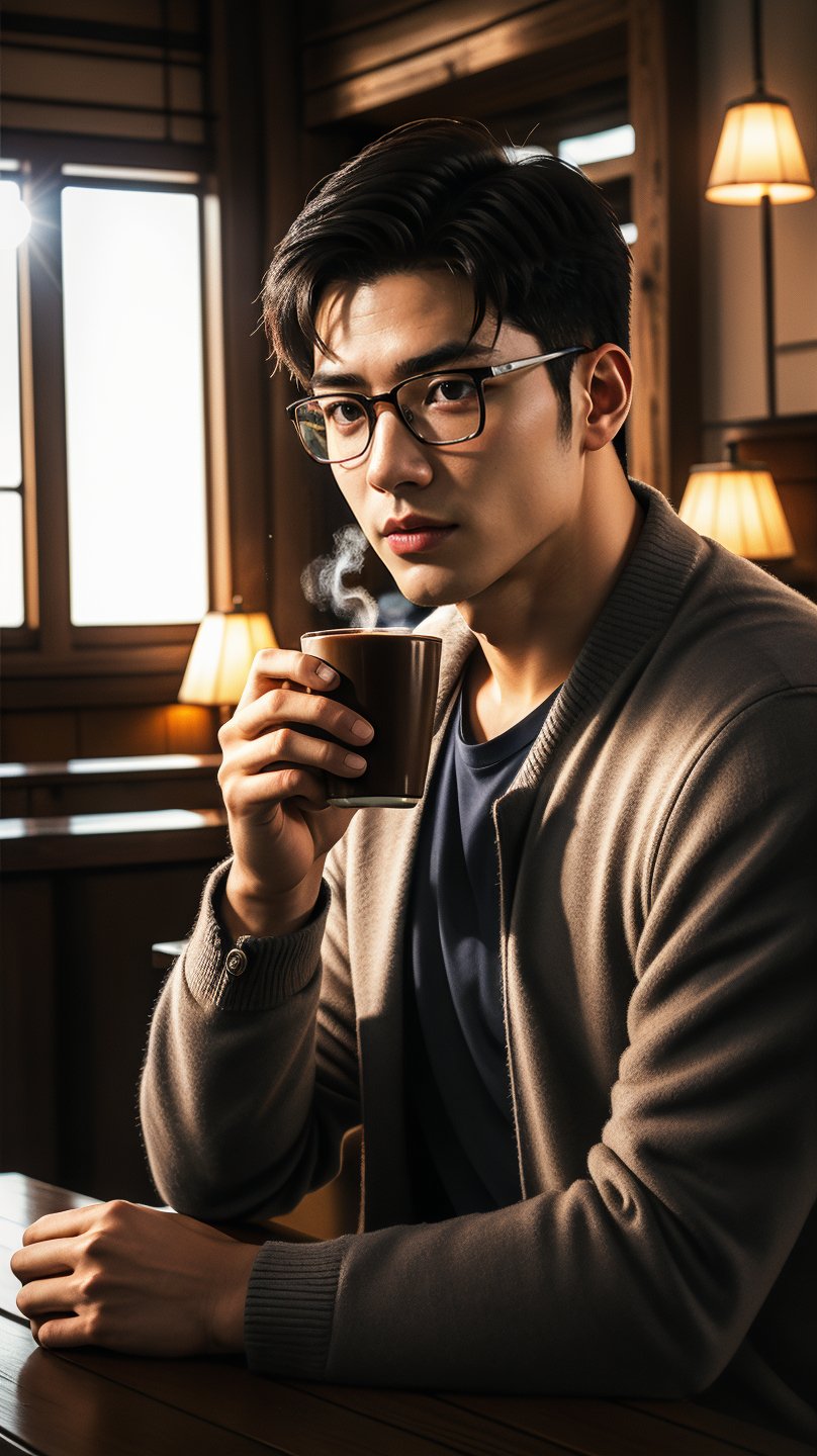 A perfectly framed shot of a handsome Asian man, wearing glasses, sipping coffee in a cozy coffee shop. Natural light pours through the window, casting a warm glow on his face. The composition is spot-on, with the subject's eyes directly facing the camera. A single flash of light from a nearby lamp adds depth to the scene. Captured in RAW and HDR formats, this UHD image (64K) showcases stunning detail and clarity.,Germany Male, ,realhands