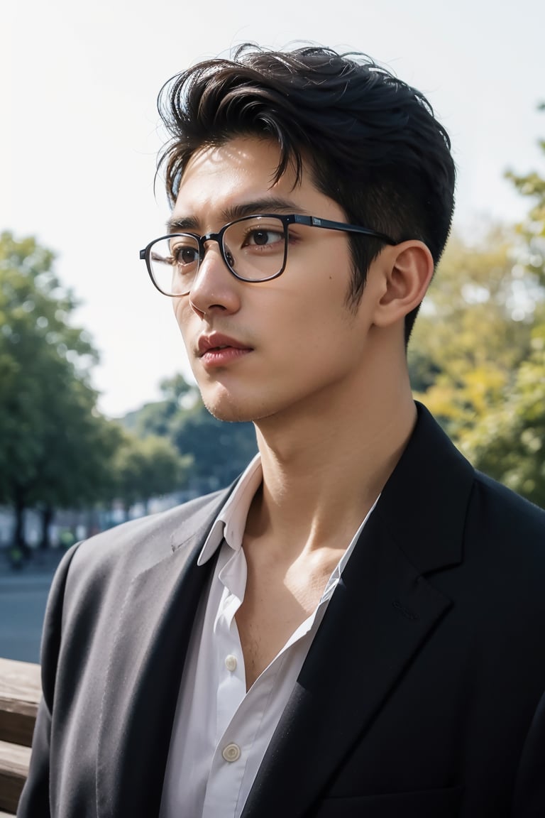 A perfectly framed shot of a handsome Asian man, wearing glasses, He looked into the distance, looking at the scenery in the distance in park. Natural light.Captured in RAW and HDR formats, this UHD image (64K) showcases stunning detail and clarity.,Germany Male, ,realhands