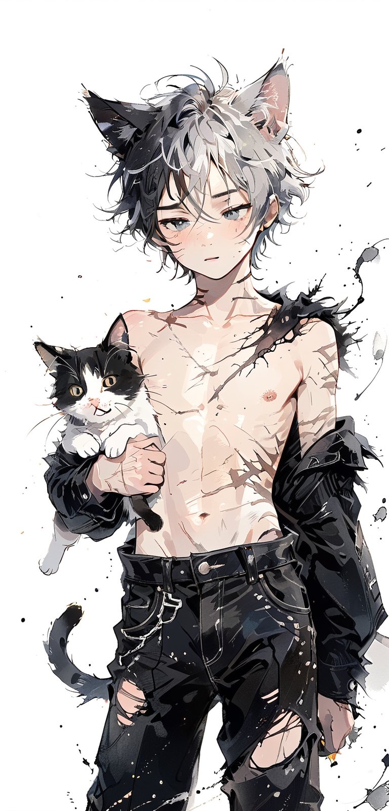 alone, short hair, simple background, 1 boy, white background, holding a white cat, mouth closed, silver eyes, female focus, silver hair, cat ears, pants, animal, scar, abs, cat, pecs, messy hair, freckles, topless man, holding an animal, black pants, scars on chest, scars on arm, 15 years old, 15 year old boy, short stature