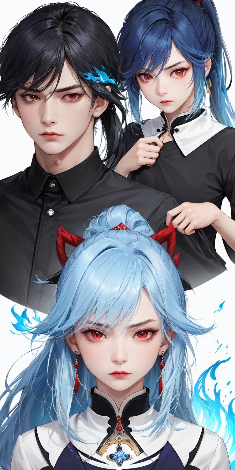 alone, long hair, looking at viewer, bangs, simple background, shirt, red eyes, 1 child, white background, hair between eyes, mouth closed, upper body, ponytail, male focus, light blue hair, shirt with collar, blue fire username, black shirt, lipstick mark, diluted \(genshin impact\), stoic look, cold expression
