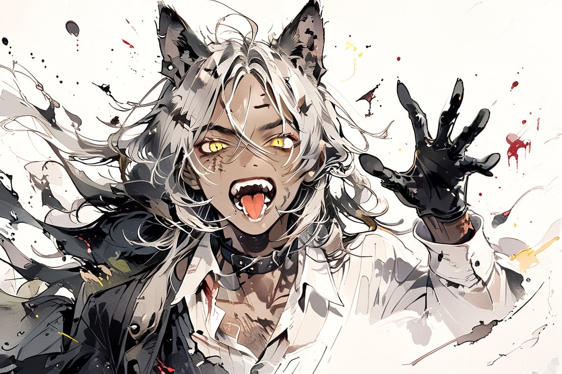 alone, long hair, looking at viewer, simple background, shirt, silver hair, gloves, 1 young man, white background, animal ears, collarbone, yellow eyes, white shirt, upper body, male focus, teeth, black gloves , collared shirt, hand up, dark skin, fangs, scar, open mouth, dark-skinned man, slit pupils,