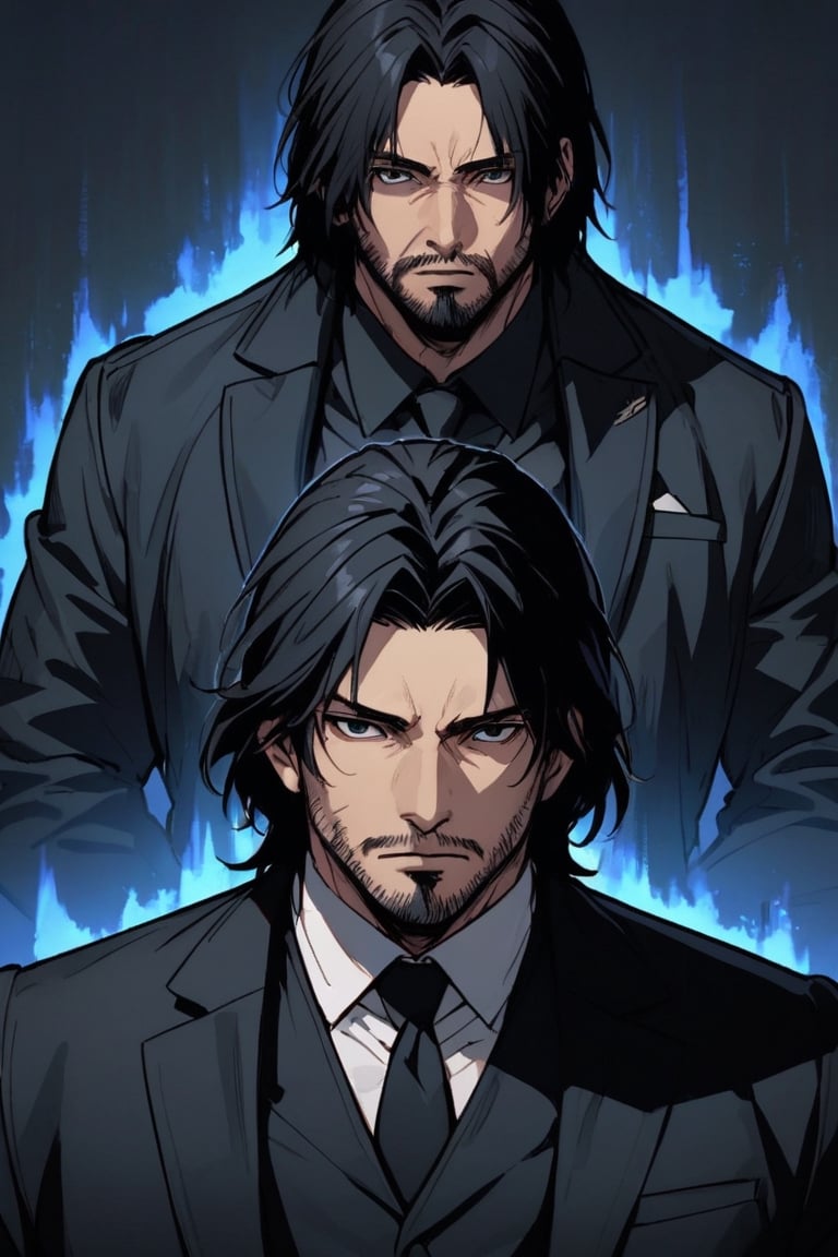 handsome, man of great physique, semi-long hair, black hair, black eyes, cold gaze, stoic expression, looking at viewer, wearing a black tuxedo, upper body, John Wick, John Wick, John Wick, beautiful man, 20 years old , long beard, very muscular,bell_cranel,giyuu_tomioka