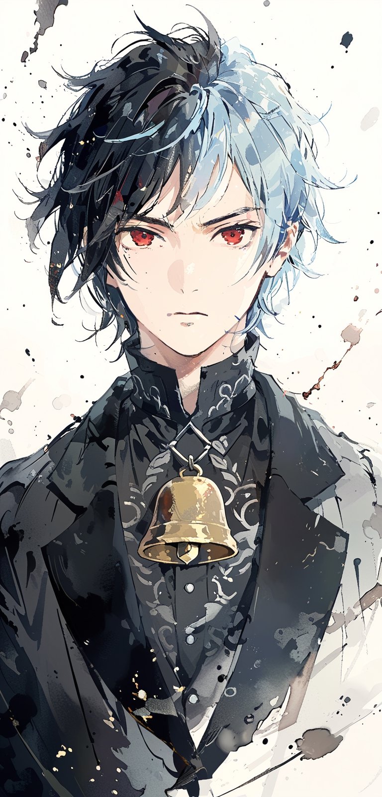 beautiful boy, beauty, young boy, 19 years old, red eyes, light blue hair, short hair, mullet cut, serious look, stoic expression, muscular, upper body, looking at viewer, wearing black jacket,giyuu_tomioka,bell_cranel