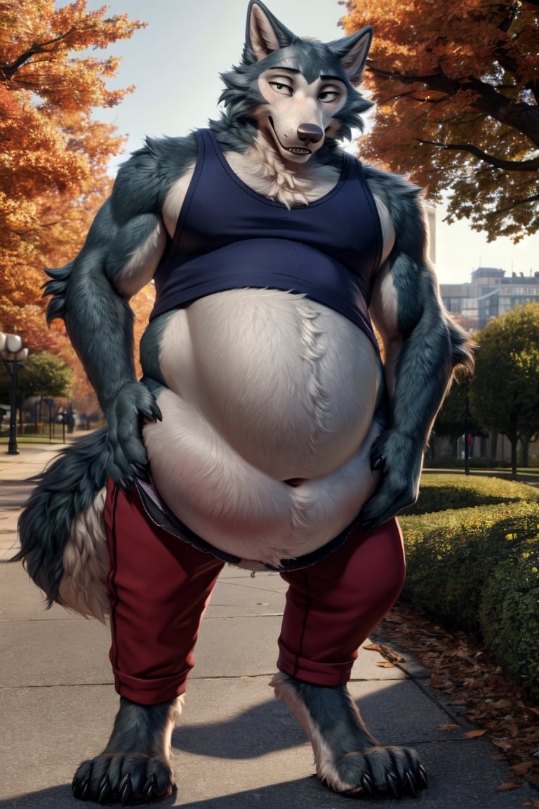 by personalami, by hioshiru, by zackary911, by null-ghost), male, anthro_wolf, solo, legoshi_(beastars), fat body, park, standing, clothed, tank top , bottom wear, pants, safe, standing, bara, claws, black pupils, (fat:2.6), soft body, (correct anatomy:)7.0, vore, Big belly,( vore belly size:5.5), detailed belly, a person in his belly, (detailed clothing), natural lighting, best quality, Legoshi, big belly, big pecs, vore, kids in Legoshi's belly, best quality,person in belly, readable text, 