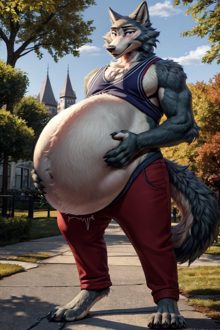 by personalami, by hioshiru, by zackary911, by null-ghost), male, anthro_wolf, solo, legoshi_(beastars), fat body, park, standing, clothed, tank top , bottom wear, pants, safe, standing, bara, claws, black pupils, (fat:2.6), soft body, (correct anatomy:)7.0, vore, Big belly,( vore belly size:5.5), detailed belly, a person in his belly, (detailed clothing), natural lighting, best quality, Legoshi, big belly, big pecs, vore, kids in Legoshi's belly, best quality,person in belly, readable text, 
