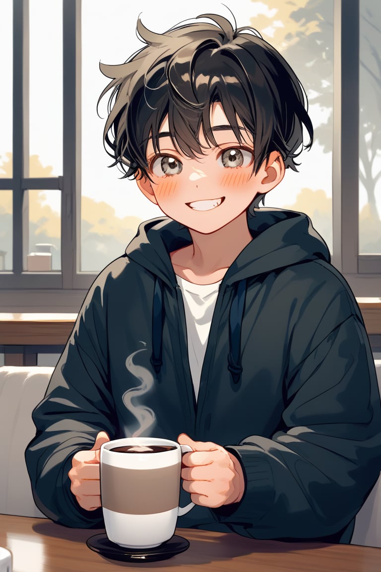 a man sitting , mischievous smile, blushing,,  cup coffee
