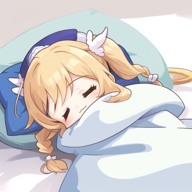 1girl, solo, long hair, bangs, white background, twintails, closed mouth, closed eyes, braid,chibi, pillow, :3, sleeping, blanket, (under covers),(without hat),(lie)