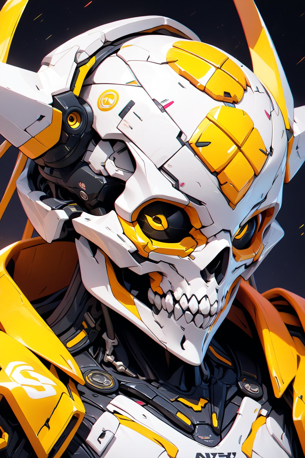 *Hyper realistic precision in detail, photo real octane render of an apex skull with detailed, ceramic armor, striking yellow florencent, green and white color, in the style of Hajime Sorayama and Yoji Shinkawa, ultimate neo cyberpunk design, hyper realism, depth of field , scar and piercing mark on the bone, sharp focus --ar 51:64 --niji 6 --style raw* 