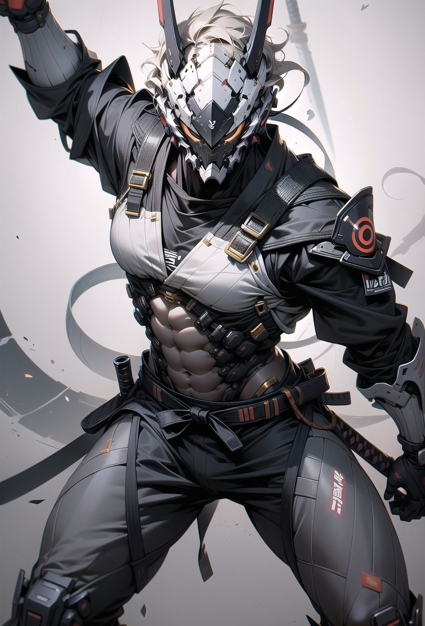 create a male character for a game, with cyber helmet, bring the samurai sword in action position fight pose, 