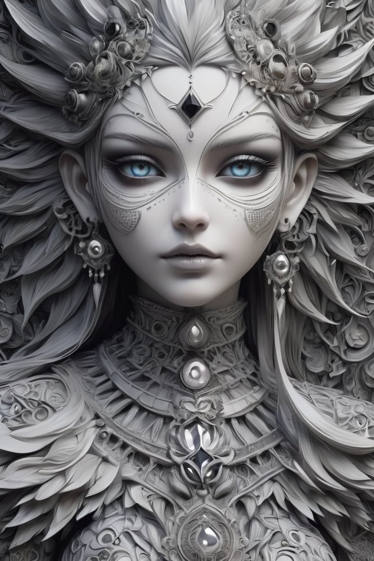 (Black and white, intricate details, close-up of a woman's face with an intricate design, 3DCGI anime fantasy artwork, necro, detailed patterned skin, abstract fragments, impressive eyes, mixed media, 3D rendering Silver painting, symmetrical beauty, ambient occlusion rendering, psytrance), Detailed Textures, high quality, high resolution, high Accuracy, realism, color correction, Proper lighting settings, harmonious composition, Behance works,ct-niji2,xxmix_girl,goth person