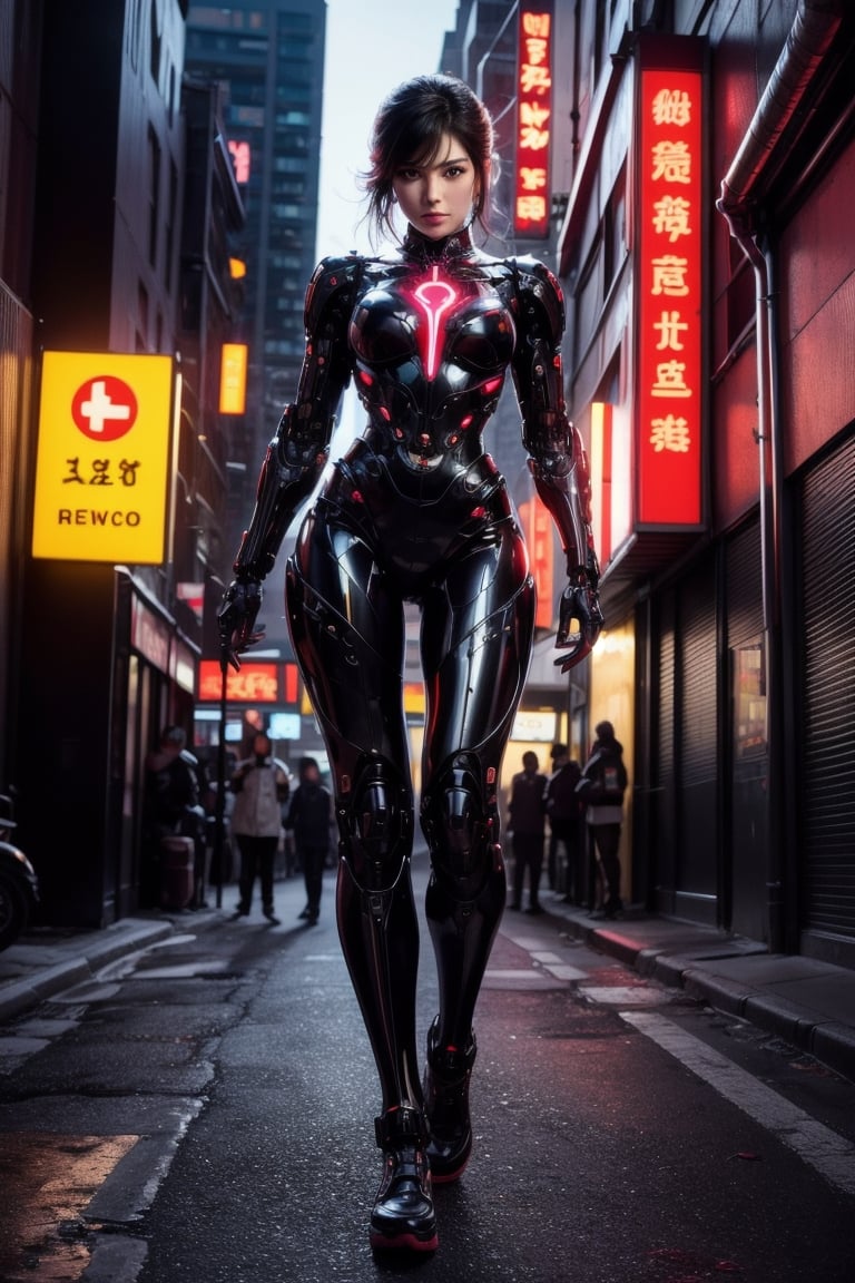 A cyborg detective with a cybernetic eye that can see through walls and detect hidden information, stalks through the neon-drenched streets of a futuristic city. Her expression is one of steely determination, her every step fueled by an unwavering pursuit of justice in a world where technology blurs the lines between right and wrong